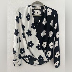 Floral Faux Wrap Blouse in Black and White